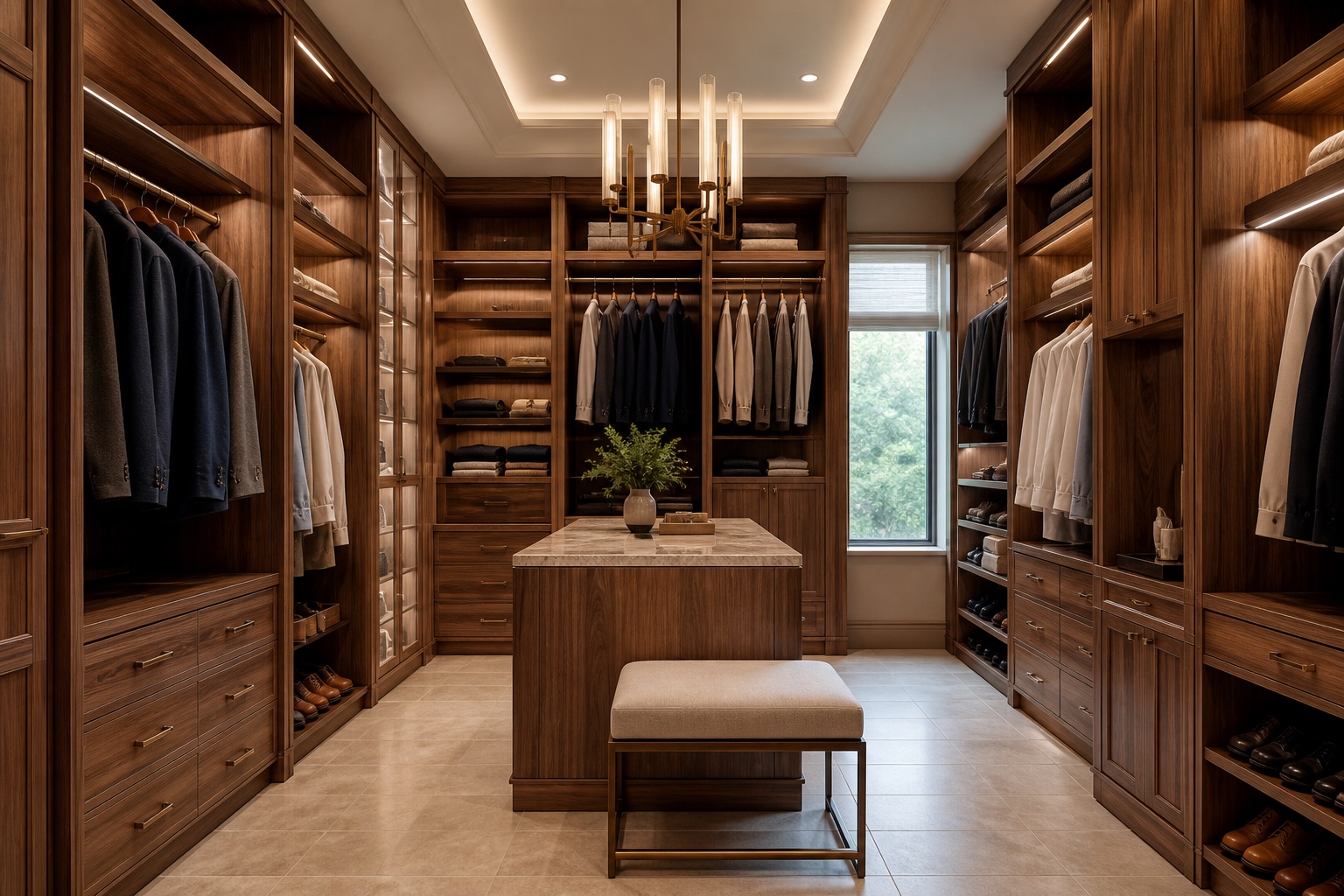 Walnut walk-in closet concept with illuminated hanging bays, drawers, shelves, and an island