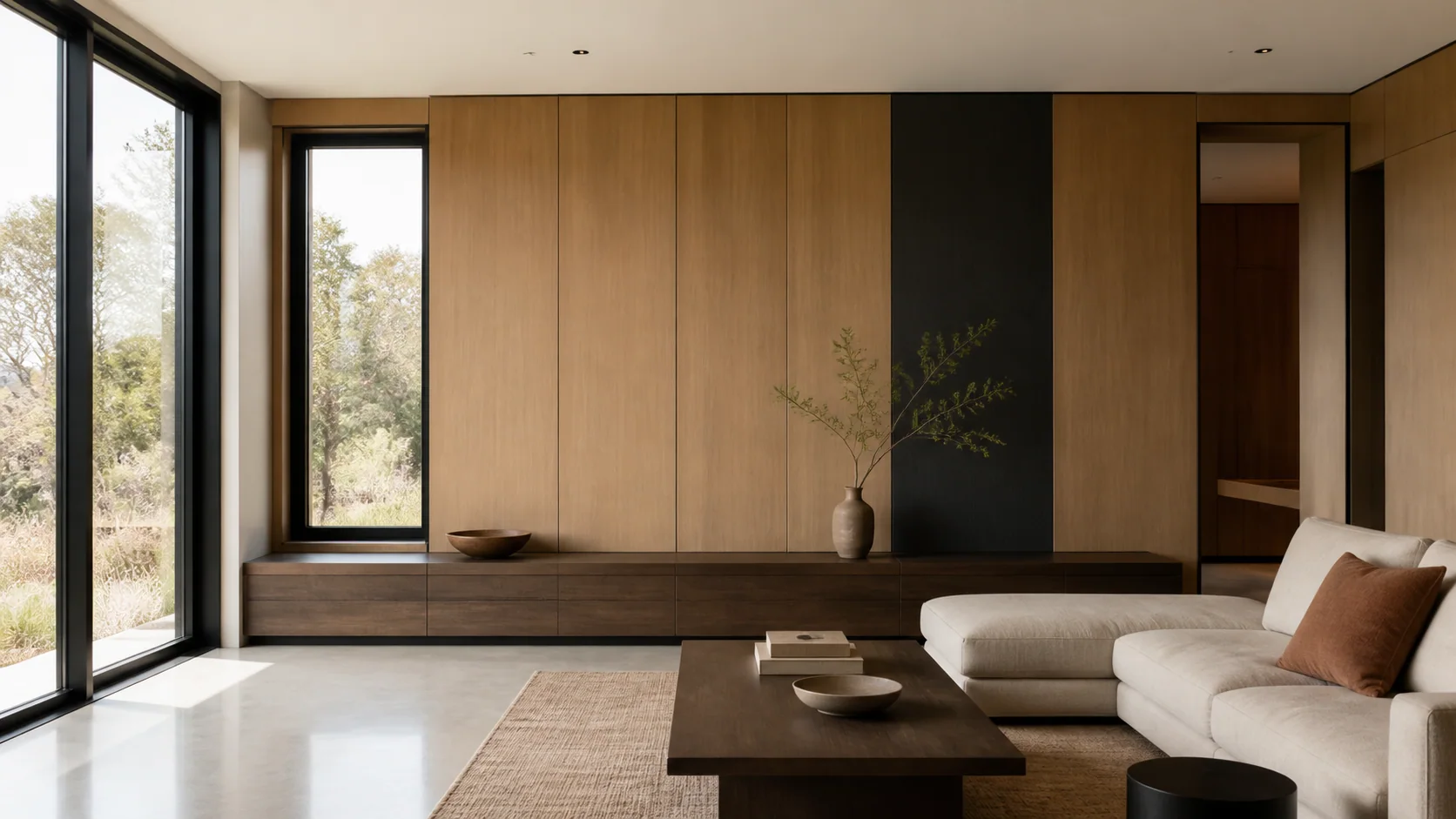 Conceptual living room with warm oak-look factory-finished interior panels and precise shadow-gap joints