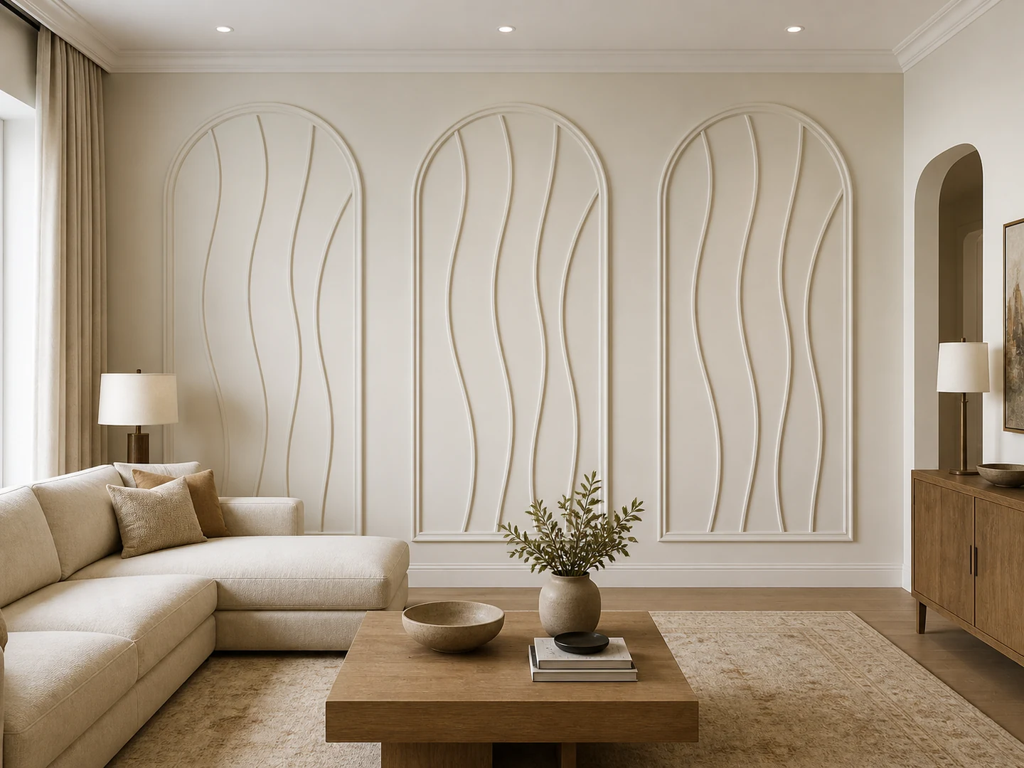 Concept living room with three arched wave-moulding fields