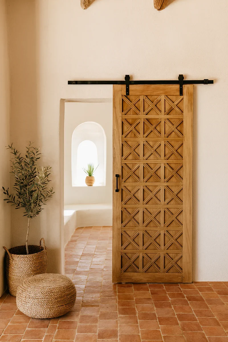 Geometric carved wood barn door on a black sliding track