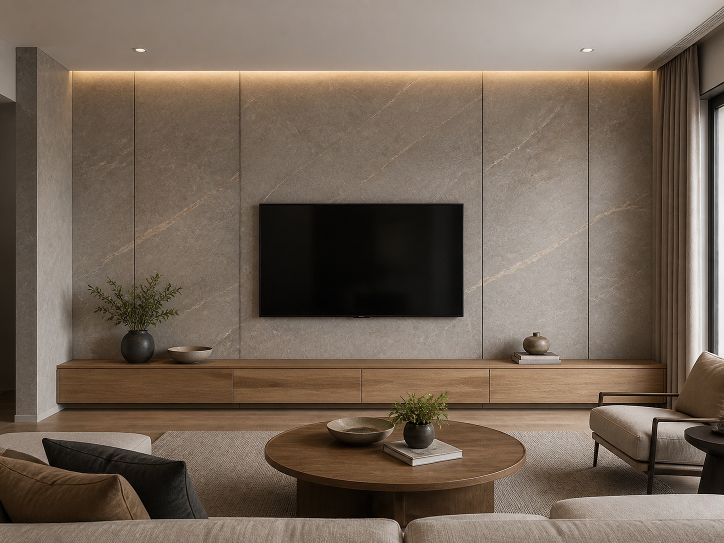 Warm stone-look media wall with integrated cabinetry