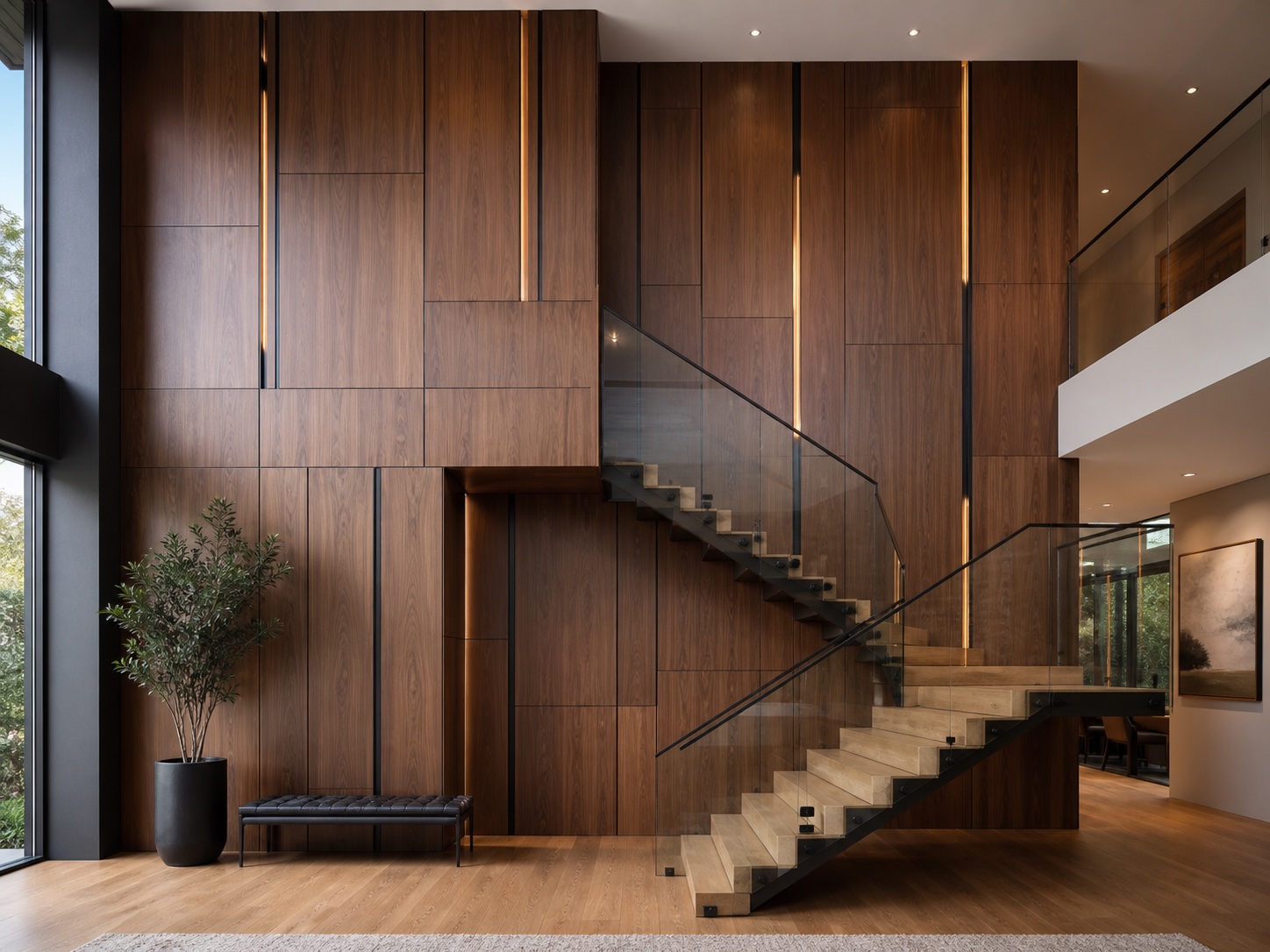 Double-height stair wall with warm walnut architectural panels