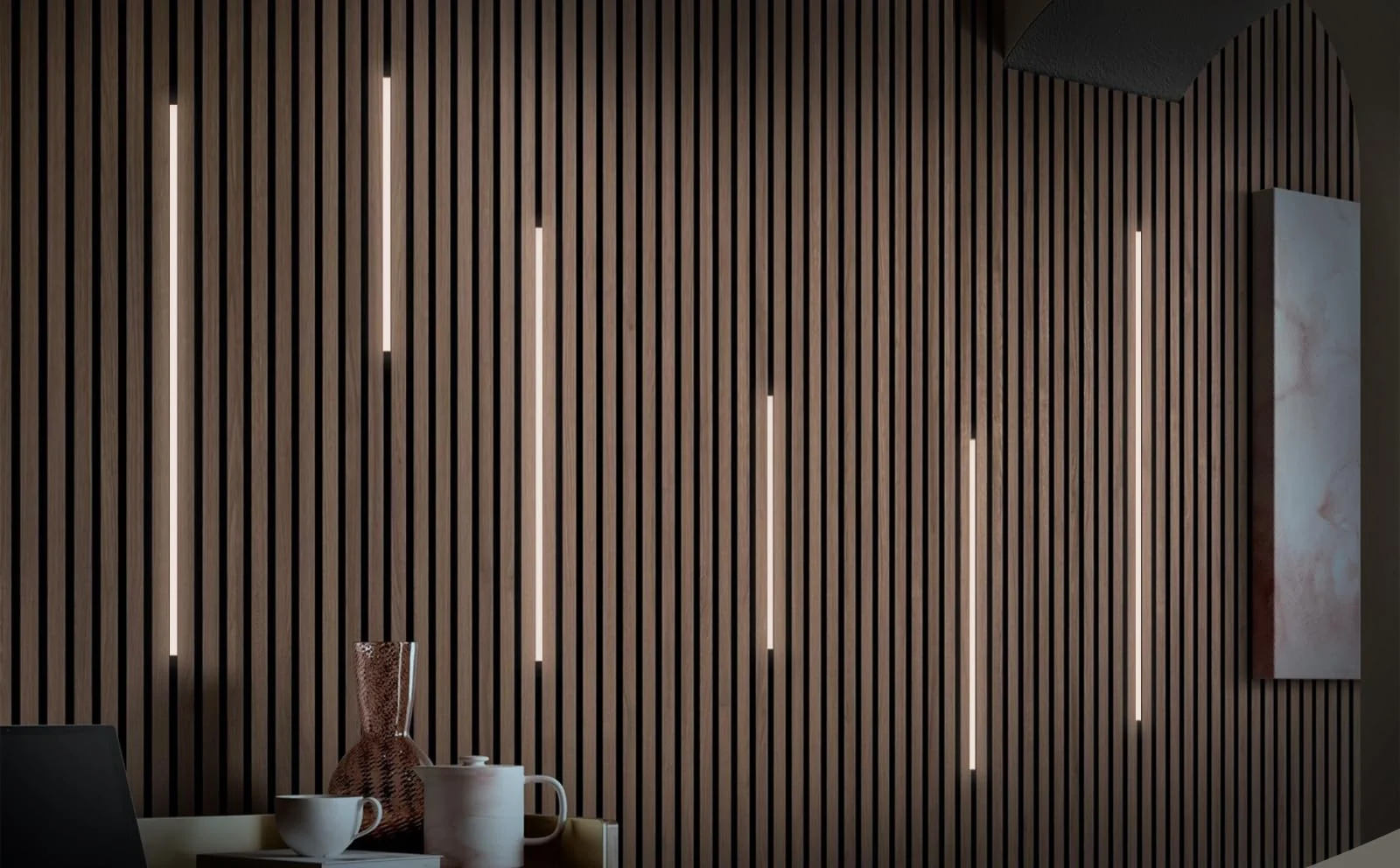 Warm walnut slat wall with integrated vertical lighting