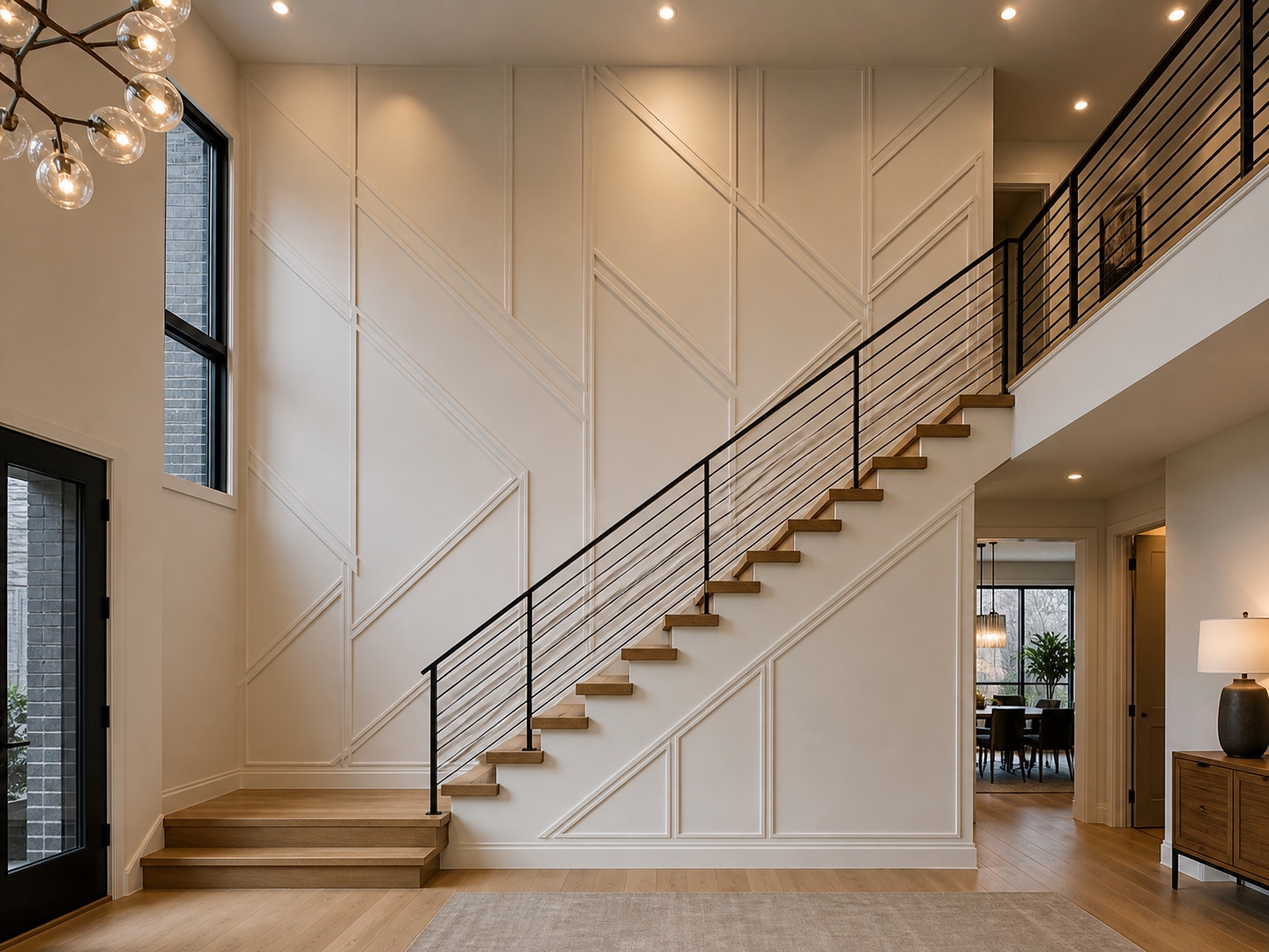 White geometric double-height stair-wall concept